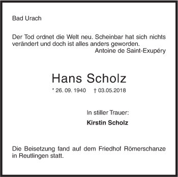 Traueranzeige von Hans Scholz von Metzinger-Uracher Volksblatt