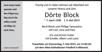 Traueranzeige von Dörte Block von SÜDWEST PRESSE Ausgabe Ulm/Neu-Ulm