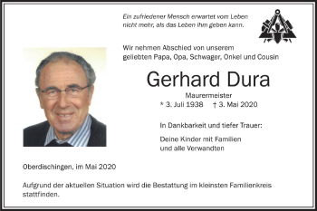 Traueranzeige von Gerhard Dura von SÜDWEST PRESSE Ausgabe Ulm/Neu-Ulm