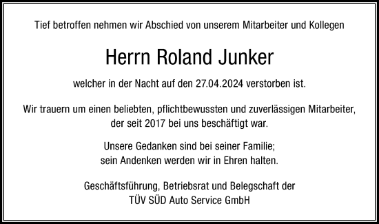 Traueranzeige von Roland Junker von Hohenloher Tagblatt/Hohenloher Tagblatt