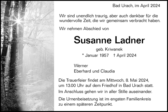 Traueranzeige von Susanne Ladner von Alb-Bote/Metzinger-Uracher Volksblatt